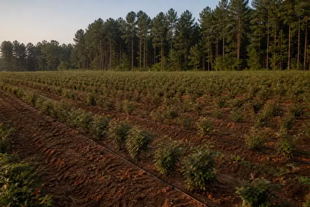 Working rose nursery rows planted in red sandy soil near Tyler at first light