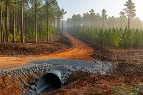 Fresh red-dirt access road curving between pine rows with mulched shoulders and a new entrance culvert