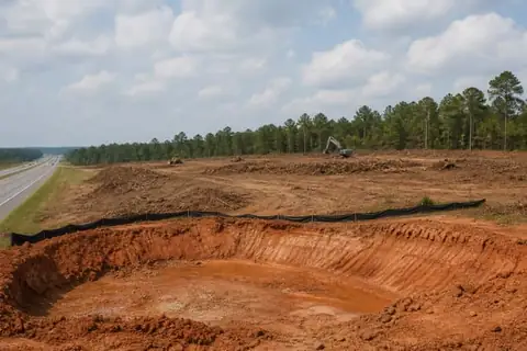 Multi-acre East Texas commercial clearing with two unbranded machines, silt fence, and red soil exposed under a wide sky