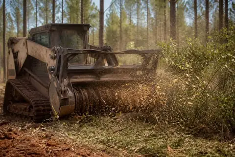 Mulcher head reducing brush between planted pine rows on red East Texas soil
