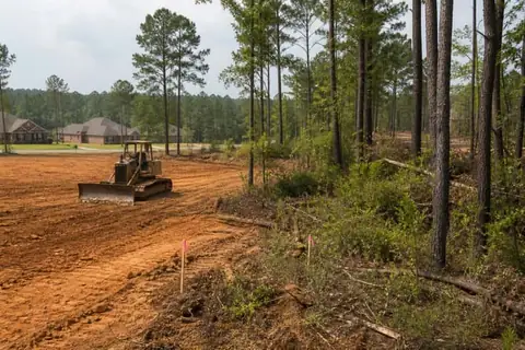 Tyler-area homesite being opened with survey stakes visible and mature pines retained along the rear boundary