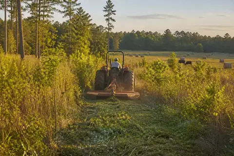 Tractor reopening an East Texas pasture invaded by sweetgum with a green cut strip and round bales beyond