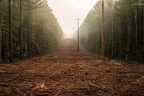 Long cleared East Texas utility corridor running between loblolly pine walls with poles visible along the alignment