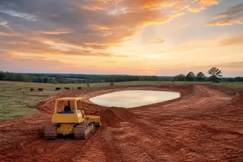 Small dozer shaping a stock pond dam in rolling East Texas pasture with red subsoil and first water collecting below