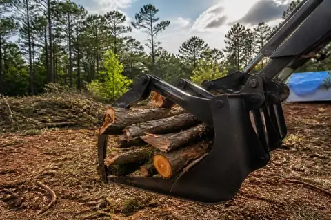Grapple loading snapped loblolly sections from an East Texas yard after a thunderstorm with no people in frame