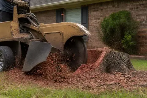 Stump grinder cutting a sweetgum stump beside a brick ranch yard with red-stained chips on the grass